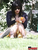 23 pictures - Upskirt. Voyeur up yellow skirt in public