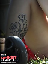 24 pictures - Female upskirt - tattooed brunette flashed on a glade