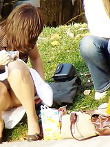 12 pictures - Sweet blondie in denim upskirt pics