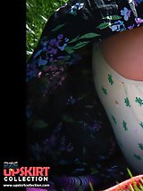 12 pictures - Sheer panties up bright skirt. Up skirt close up