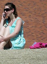 12 pictures - Public upskirt flashing girls - brunette in blue
