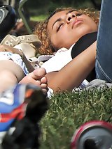 12 pictures - Sleeping girl up skirt. Blondie in white mini dress